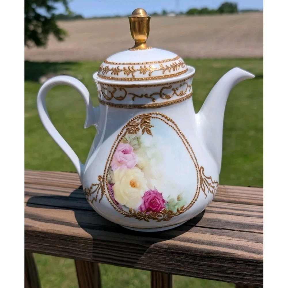Vintage Johann Haviland Bavarian Gold Flower Tea/Coffee Pot W/Lid Signed